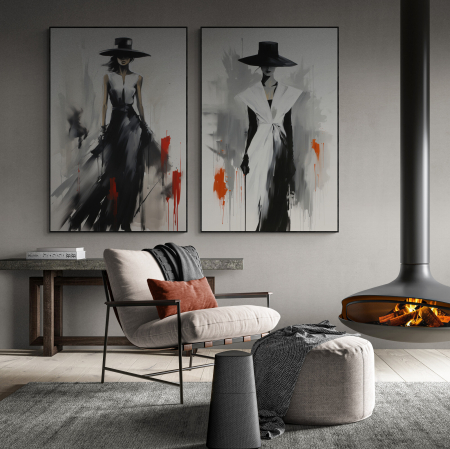 Tablouri Portrete Abstracte - Tablou canvas, modern, silueta femeie eleganta cu palarie, fashionin, stil abstract, nuamte de alb negru, rosu, pentru hotel