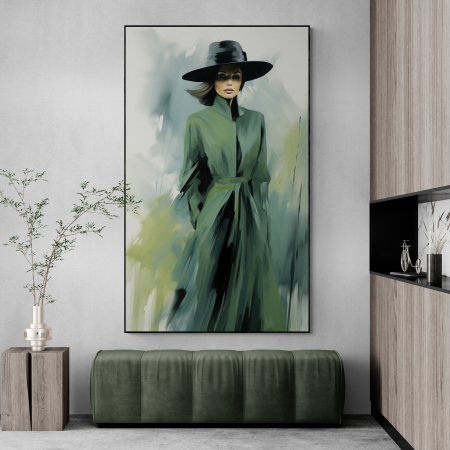 Tablouri Portrete Abstracte - Tablou canvas, modern, silueta femeie eleganta cu palarie, fashionin, stil abstract, verde, pentru hotel