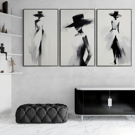 Tablouri Portrete Abstracte - Tablou canvas, modern, silueta femeie eleganta, fashionin, stil abstract, alb negru, pentru hotel