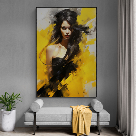 Tablouri Portrete Abstracte - Tablou canvas, modern, silueta femeie eleganta, fashionin, stil abstract, galben, pentru salon