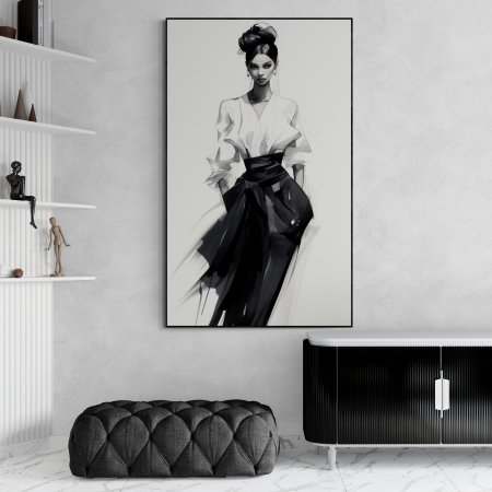 Tablouri Portrete Abstracte - Tablou canvas, modern, silueta femeie fashionin stil abstract, alb negru, pentru studiou