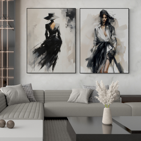 Tablouri Portrete Abstracte - Tablou canvas, modern, silueta femeie fashionin stil abstract, nuante crem negru, pentru living