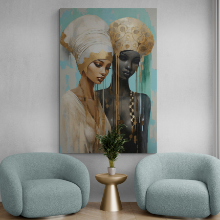 Tablouri Portrete Abstracte - Tablou canvas, modern, siluete femeie africane, in stil abstract, nuante de turcuaz, crem, auriu, pentru hol