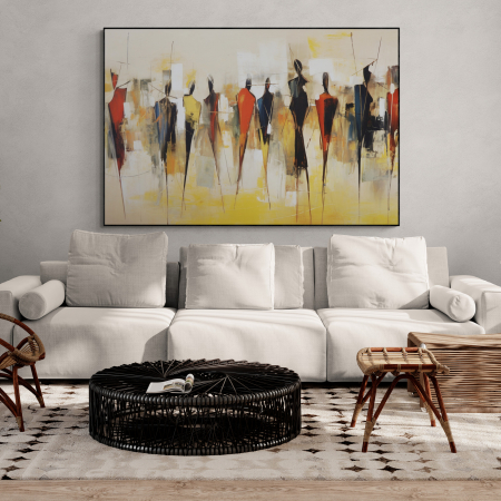 Tablouri Portrete Abstracte - Tablou canvas, modern, siluete femeie, in stil abstract, nuante de galben, crem, pentru living