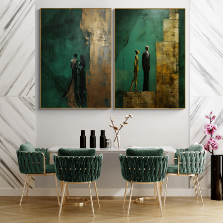Tablouri Portrete Abstracte - Tablou canvas, modern, siluete, in stil abstract, nuante de verde smarald si auriu, pentru hotel