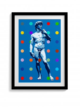 Tablou canvas modern cu statuia David în stil colaj pe fundal albastru. [1]