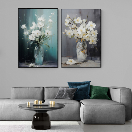 Tablouri cu Flori - Tablou canvas, modern, vaza cu flori albe pictate, nuante  gri, turcuaz, pentru living