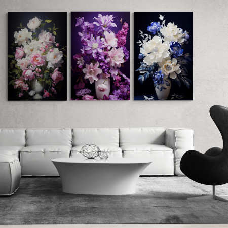 Tablouri cu Flori - Tablou canvas, modern, vaza cu flori, in nuante de alb, mov, roz pe fundal negru, pentru living
