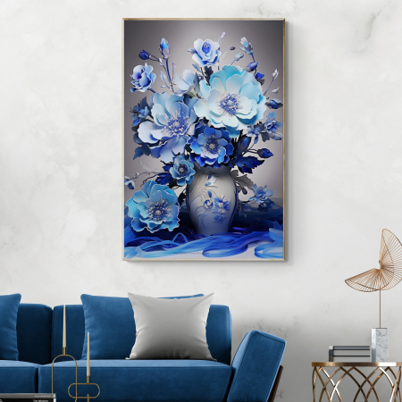 Tablouri cu Flori - Tablou canvas, modern, vaza cu flori in nuante de albastru, pentru living
