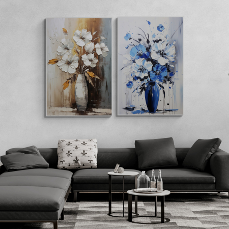 Tablouri cu Flori - Tablou canvas, modern, vaza cu flori pictate, nuante de albastru, gri, maro, pentru pensiune