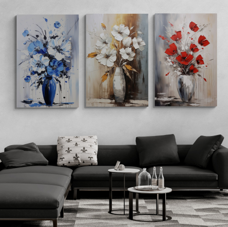 Tablou canvas, modern, vaza cu flori pictate, nuante de albastru, gri, maro, pentru pensiune [1]