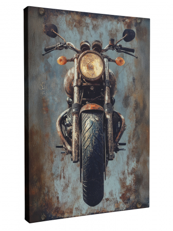 Tablou canvas decorativ ce înfățișează o motocicletă vintage frontală și o mașină clasică [1]