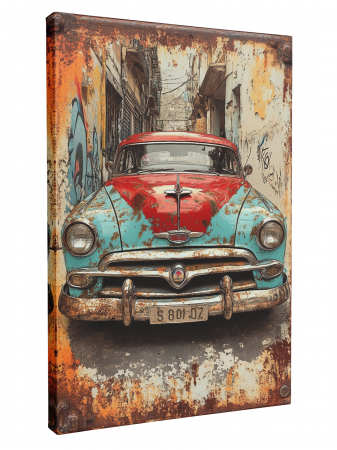 Tablou canvas decorativ ce înfățișează o motocicletă vintage frontală și o mașină clasică [2]
