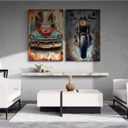 Tablouri cu Masini - Tablou canvas decorativ ce înfățișează o motocicletă vintage frontală și o mașină clasică