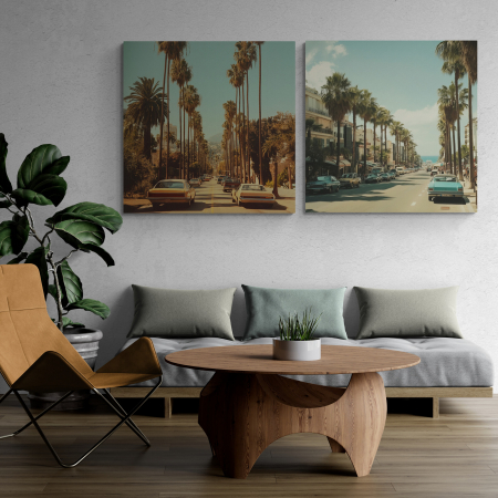 Tablouri cu Masini - Tablou canvas ilustrând o scenă vibrantă cu mașini de epocă