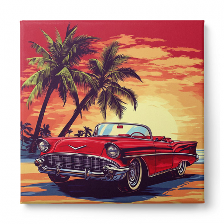 Tablou canvas ilustrativ cu o mașină retro roșie decapotabilă pe o plajă tropicală [1]