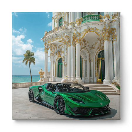 Super mașină verde strălucitoare, surprinsă într-un decor exotic cu arhitectură regală și palmieri [1]