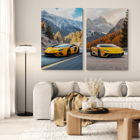 Tablouri cu Masini - Set de tablouri canvas cu mașini sport de lux în decoruri montane