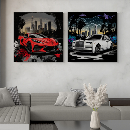 Tablouri cu Masini - Tablou canvas cu două supercaruri de lux într-un decor urban de seară