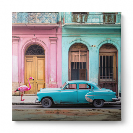 Tablou canvas cu un Beetle roz și un flamingo în peisaj exotic cu palmieri [2]