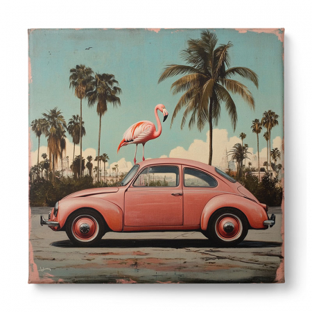 Tablou canvas cu un Beetle roz și un flamingo în peisaj exotic cu palmieri [1]