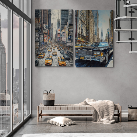 Tablouri cu Masini - Tablou canvas cu Cadillac clasic în centrul orașului New York,