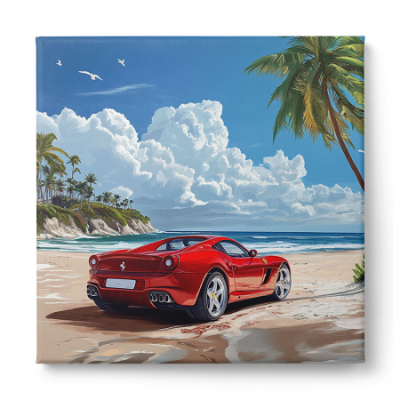 Tablou canvas cu o mașină sport roșie sau portocalie pe o plajă tropicală [1]
