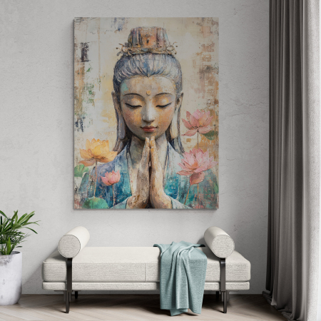 Tablouri Buddha - Tablou reprezentând o zeiță în rugăciune înconjurată de flori de lotus