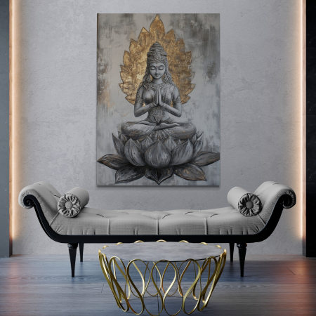 Tablou decorativ cu o zeiță meditativă pe lotus, în nuanțe de gri și auriu [1]