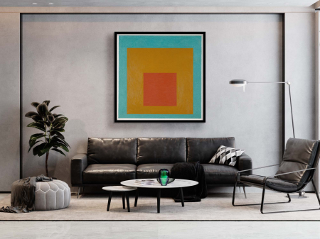 Tablouri Abstracte - Tablou decorativ color, Intaglio, Abstract, turcuaz, galben, Square, Josef Albers, pentru living