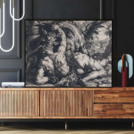 Litografii si Gravuri - Lucrari celebre - Tablou decorativ, Intaglio, alb negru, Clasic, print pe hartie foto Fine Art, Een draak verslindt de metgezellen van Cadmus de Hendrick Goltzius