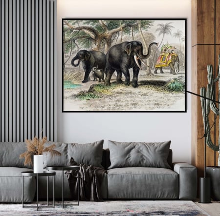 Tablouri Animale si Pasari - Tablou modern neînramat cu elefanți în junglă, print pe hartie Fine Art.