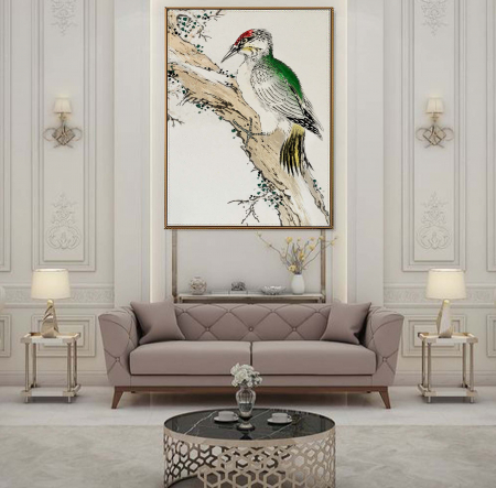Tablouri Animale si Pasari - Tablou abstract modern Pasarea Ciocănitoarea Verde pe hartie Fine Art