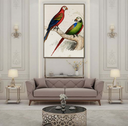 Tablouri Animale si Pasari - Tablou abstract cu papagali Macaw în culori vibrante pe hartie Fine Art