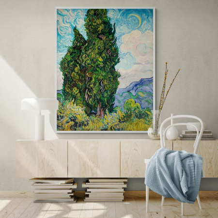 Van Gogh - Tablou decorativ, Intaglio, print pe hartie foto Fine Art, Clasic, color, Cypresses, Van Gogh, poster cu copaci, pentru living