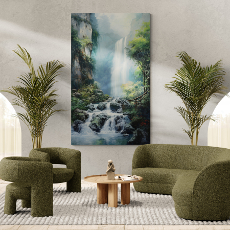 Tablouri Arhitectura si Peisaje - Tablou abstract cu cascadă în nuanțe de verde pentru living