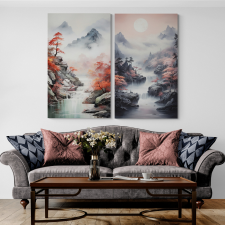 Tablouri Arhitectura si Peisaje - Tablou canvas modern cu munte, lună și râu în gri și roșu.