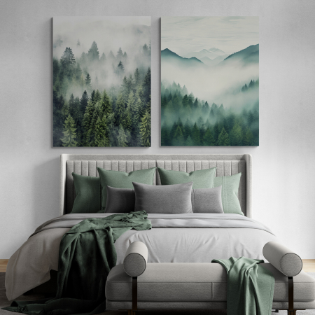 Tablouri Arhitectura si Peisaje - Tablou canvas modern cu munți și brazi în ceață, nuanțe de gri și verde