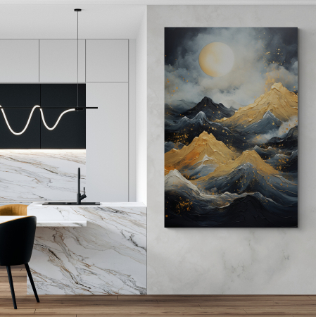 Tablouri Arhitectura si Peisaje - Tablou canvas modern gri și auriu cu peisaj montan și lună