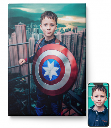 Tablouri personalizate Caricatura - Tablou personalizat Intaglio, cu fotografia ta, Captain America, color, print pe panza Premium