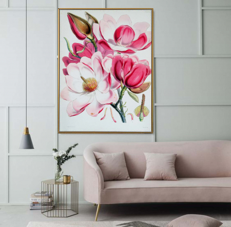 Tablouri cu Flori - Tablou decorativ, Intaglio, Modern, color, Flori roz de magnolie, print pe hartie foto Fine Art, neinramat, pentru living