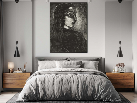 Pablo Picasso - Reinterpretare modernă alb-negru a Jacquelinei de Picasso pe hartie Fine Art.