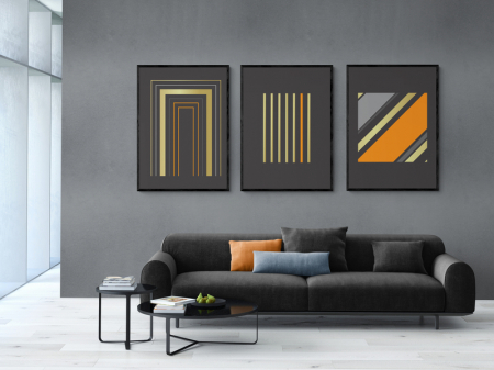 Set Tablouri Abstracte - Tablouri Abstracte, print pe hartie foto Fine Art, Intaglio, set 3 postere, Linii color pe fundal negru, pentru casa, birou