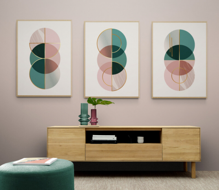 Set Tablouri Abstracte - Set 3 tablouri, Intaglio, Abstracte. color, print pe hartie foto Fine Art, Forme geometrice, cercuri roz pal, postere minimaliste, pentru living