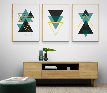 Set Tablouri Abstracte - Set 3 tablouri, Intaglio, Abstracte, color, print pe hartie foto Fine Art, Triunghiuri pe fundal alb, postere moderne, pentru dormitor, living, hol