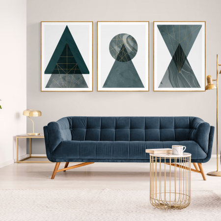 Set Tablouri Abstracte - Set 3 tablouri, Intaglio, Abstracte, color, print pe hartie foto Fine Art, forme geometrice triunghiuri, postere moderne, pentru dormitor, living