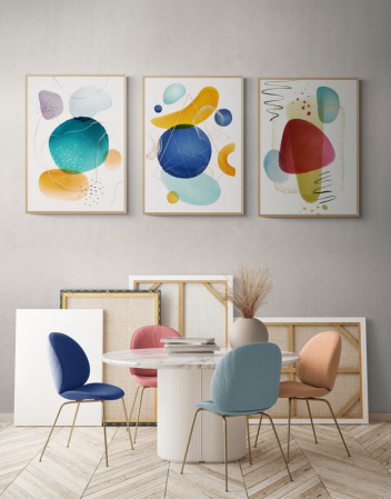 Set Tablouri Abstracte - Set 3 tablouri, Intaglio, Abstracte, multicolor, print pe hartie foto Fine Art, postere moderne cu forme colorate, pentru dormitor, living, camera copii