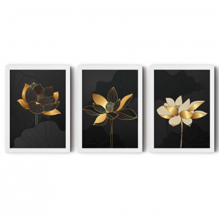 Set 3 tablouri, Intaglio, Flori, negru auriu, print pe hartie foto Fine Art, postere moderne cu flori elegante, pentru dormitor, living, bucatarie [5]
