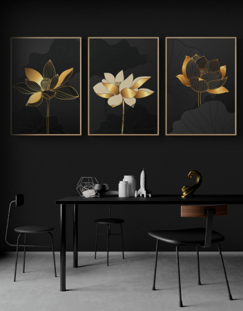 Set Tablouri Abstracte - Set 3 tablouri, Intaglio, Flori, negru auriu, print pe hartie foto Fine Art, postere moderne cu flori elegante, pentru dormitor, living, bucatarie