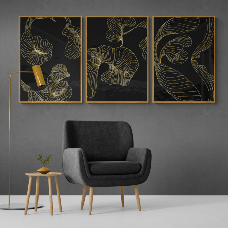 Set Tablouri Abstracte - Set 3 tablouri, Intaglio, Abstracte, negru auriu, print pe hartie foto Fine Art, postere moderne cu forme abstracte, pentru dormitor, living, birou